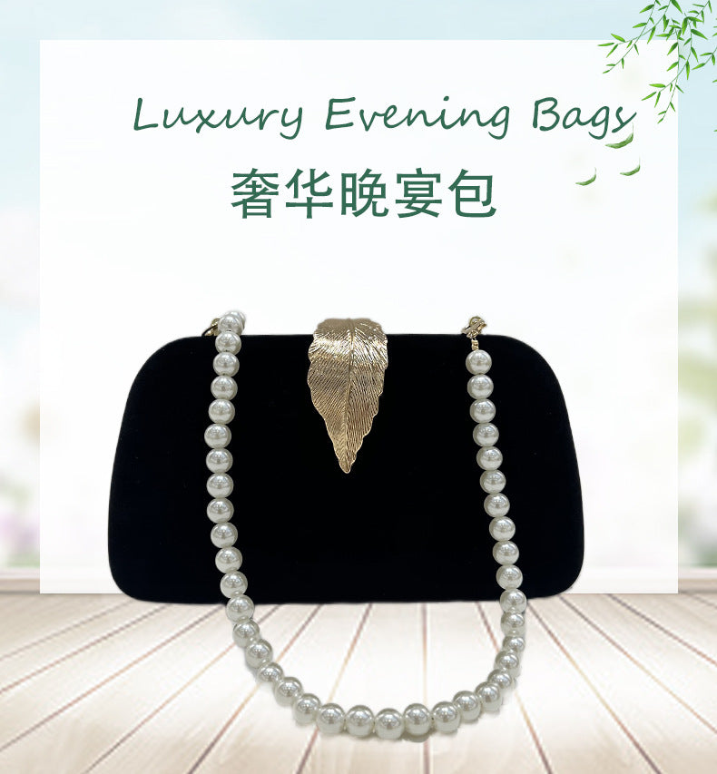 Cross-border spot hand-held dinner bag, box bag, fine flash leaf decorative dress bag, black flannel banquet bag.